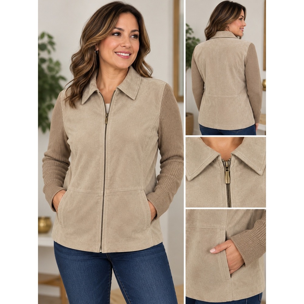 Fabio Womens Tan Genuine Leather Suede Jacket Ribbed Knit Sleeves Size L